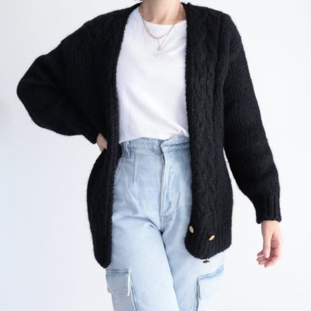Vintage Eaton Black 50% Wool Open Face Cardigan with  Buttons Size GL